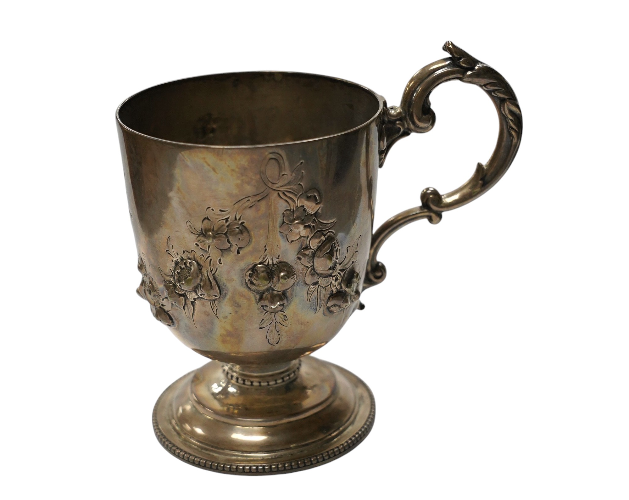 A Victorian silver pedestal christening cup, by Joseph Angell II, London, 1856, 11.5cm, 6.4oz, with later engraved inscription. Condition - fair